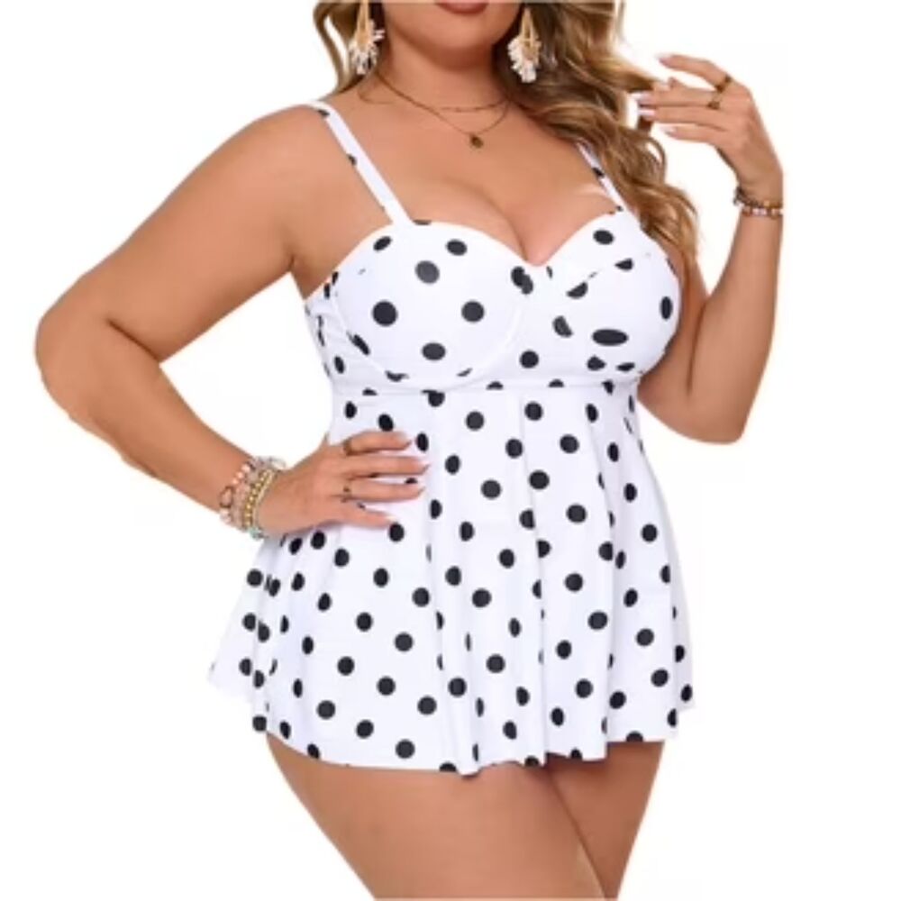 Sexy Plus Size Polkadot Tankini Set Swim Dress 2 Piece Size 3XL Black White